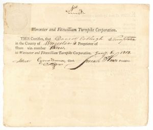 Worcester and Fitzwilliam Turnpike Corporation - Stock Certificate