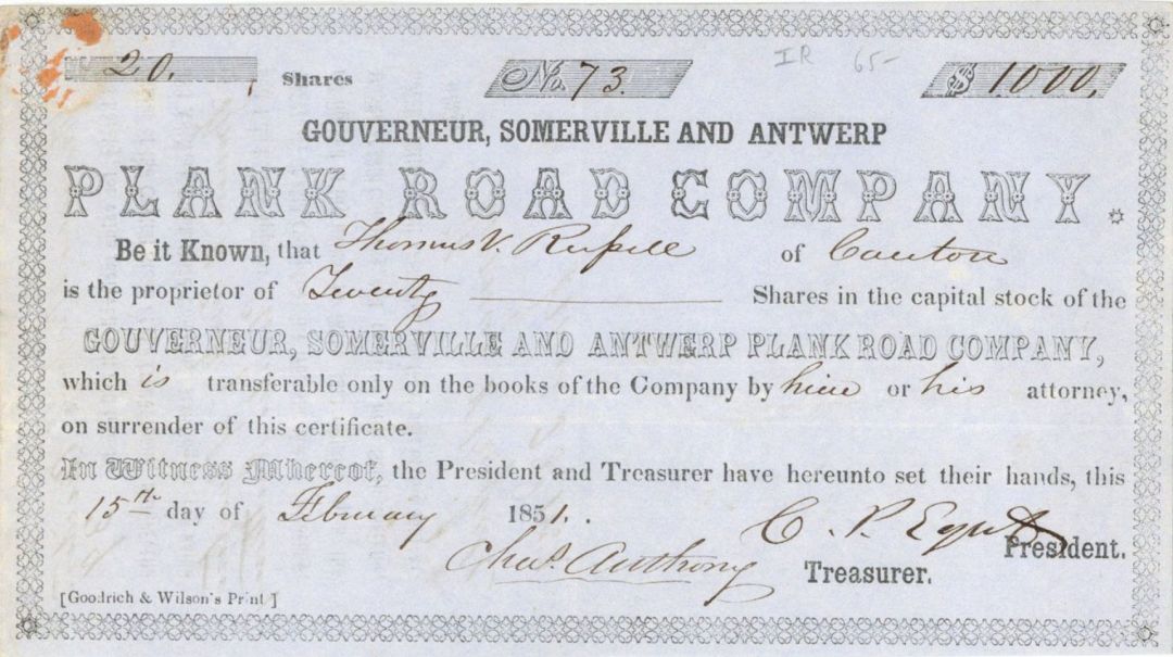 Gouverneur, Somerville and Antwerp Plank Road Co. - Stock Certificate