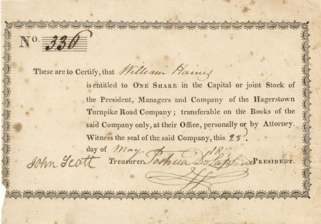 Hagerstown Turnpike Road Co. - 1814 dated Turnpike Stock Certificate