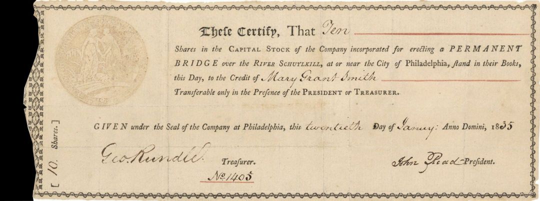 Permanent Bridge over the River Schuylkill - Stock Certificate