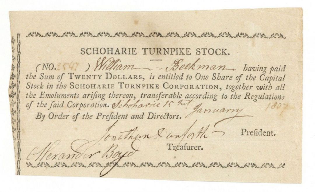 Schoharie Turnpike Corp. - 1807 dated Stock Certificate