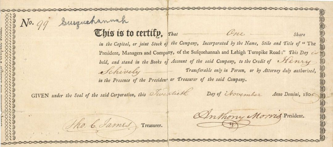 Susquehannah and Lehigh Turnpike Road - Stock Certificate