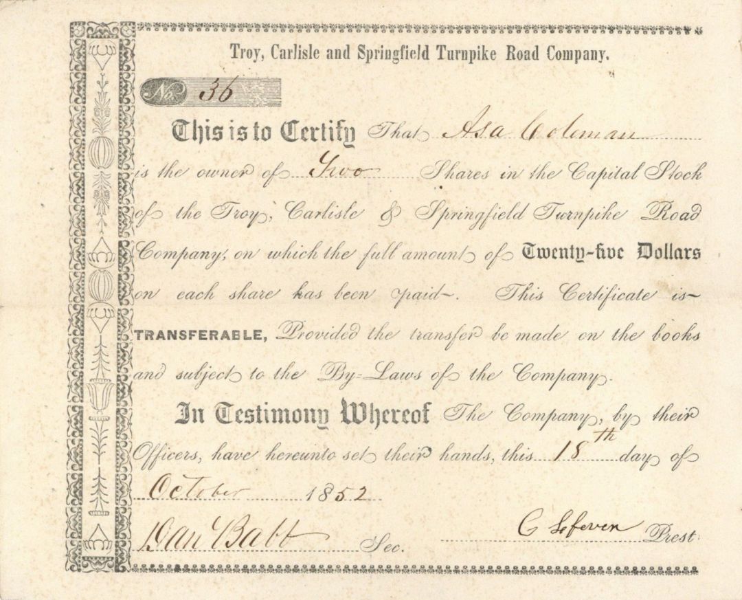 Troy, Carlisle and Springfield Turnpike Road Co. - Stock Certificate