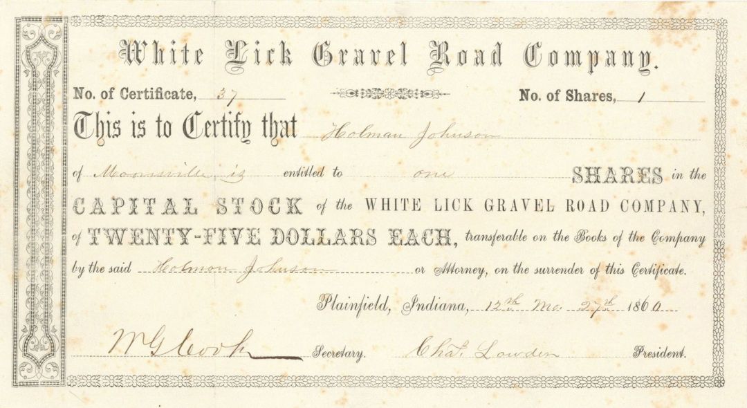 White Lick Gravel Road Co. - Stock Certificate