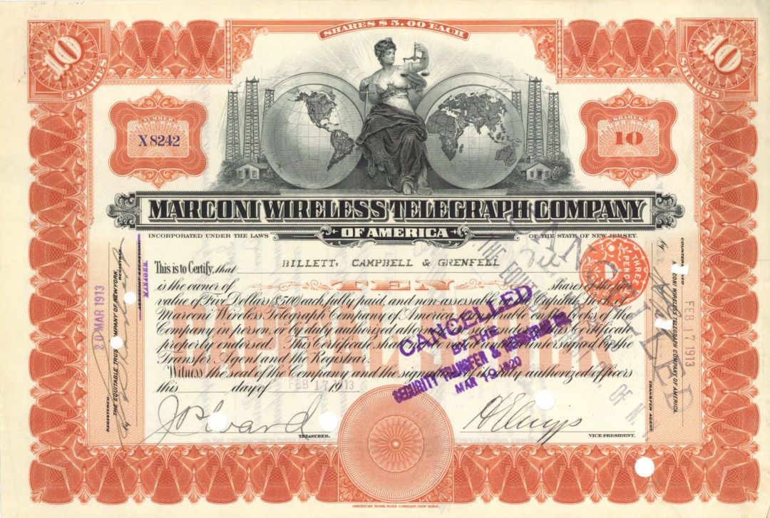 Marconi Wireless Telegraph Co. of America - 1913 dated Stock Certificate