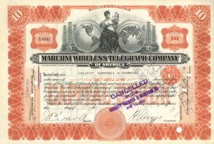 Marconi Wireless Telegraph Co. of America - 1913 dated Stock Certificate