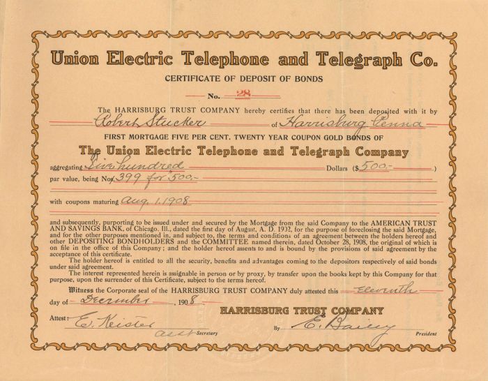 Union Electric Telephone and Telegraph Co. - Various Denominations Bond