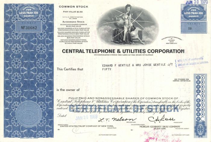 Central Telephone and Utilities Corporation - Communications Stock Certificate