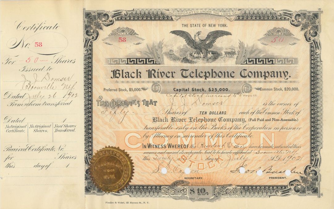 Black River Telephone Co. - 1900-1902 dated New York Utility Stock Certificate