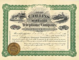 Collins Wireless Telephone Co. - 1909 or 1910 dated Stock Certificate