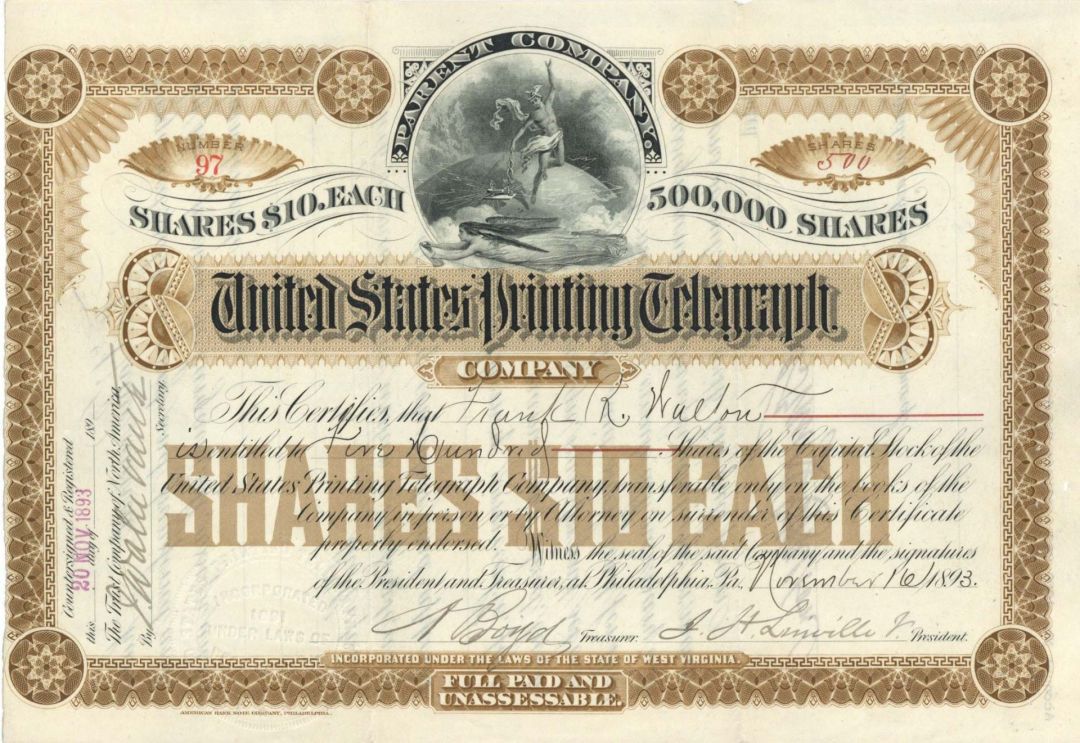 United States Printing Telegraph Co. - 1893 dated Stock Certificate