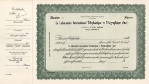 Le Laboratoire International Telephonique et Telegraphique (Inc.) - Unissued Stock Certificate