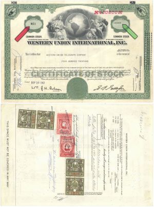 400,000 Shares of Western Union International, Inc. - Serial #1 - Rare Revenues at Back - 1963 dated Telegraph Stock Certificate
