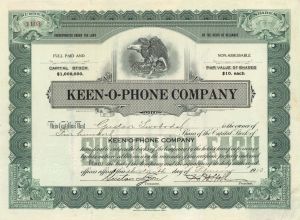 Keen-O-Phone Co. - 1913 dated Stock Certificate