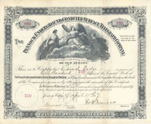 Pennock Underground Conduit and Surface Telegraph Co. -  1887 dated Stock Certificate