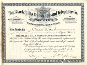 Black Hills Telegraph and Telephone Co. -  1883 dated Stock Certificate
