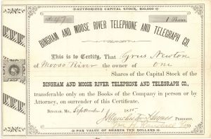 Bingham and Moose River Telephone and Telegraph Co. -  1885 dated Stock Certificate