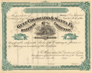 Gulf Colorado & Santa Fe Railway Co. - 1870's dated Texas and Oklahoma Railroad Unissued Stock Certificate