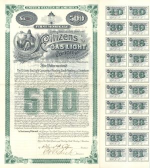 Citizens Gas Light Co. - 1895 dated $500 Massachusetts Utility Bond - Beautiful Design