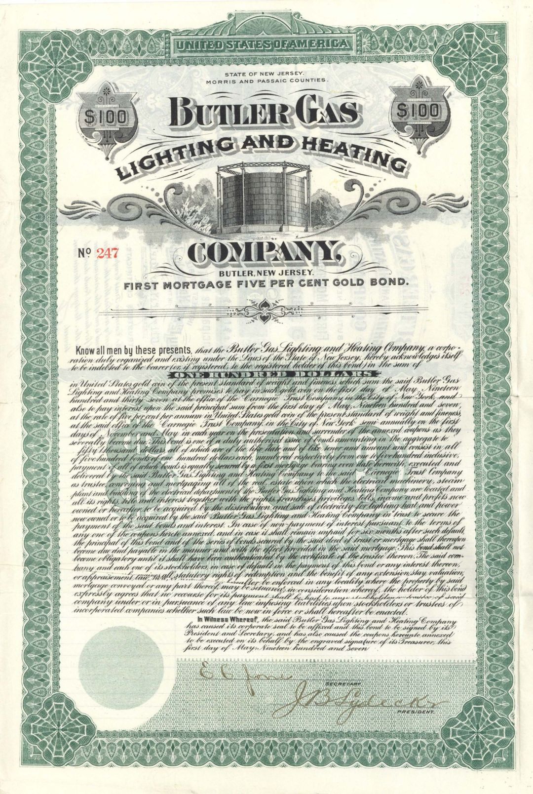 Butler Gas Lighting and Heating Co. - 1907 dated $100 Bond