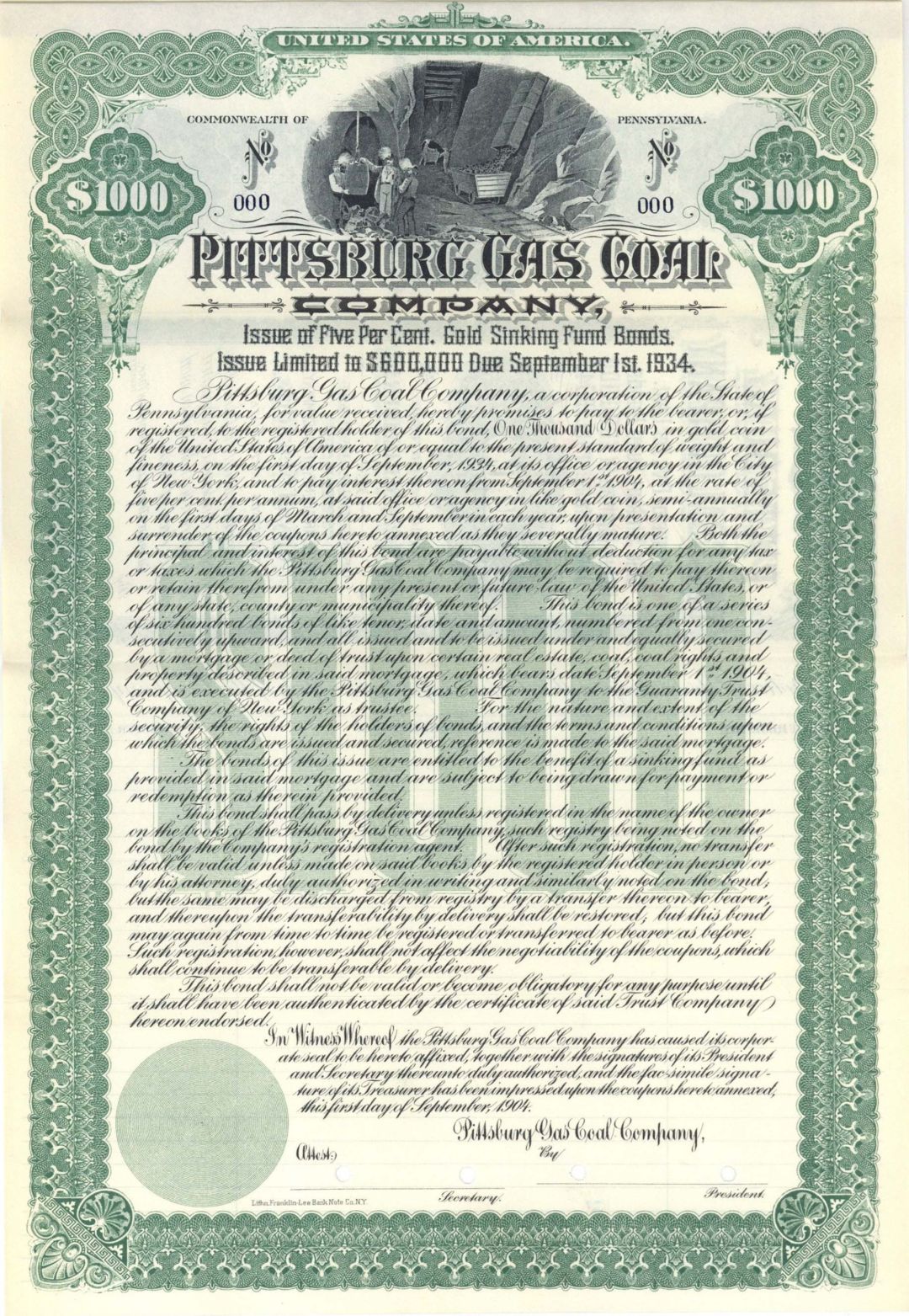 Pittsburg Gas Coal Co. - 1904 dated $1,000 Specimen Bond