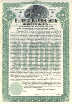 Pittsburg Gas Coal Co. - 1904 dated $1,000 Specimen Bond