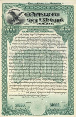 Pittsburgh Gas and Coke Co. - 1897 dated $1,000 Specimen Bond