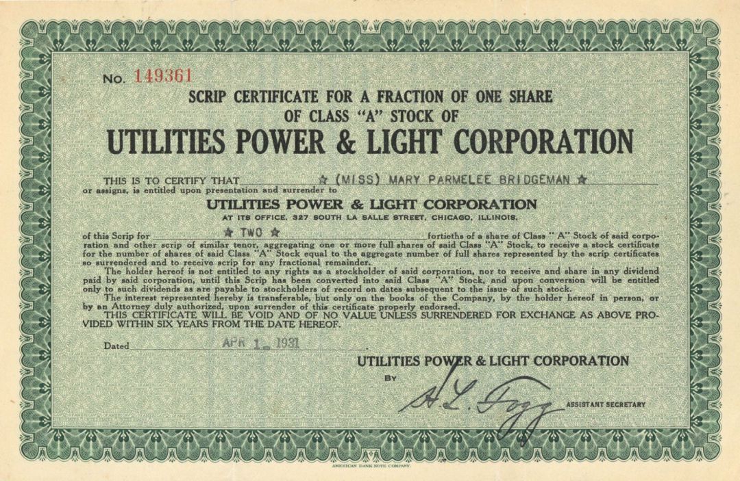 Utilities Power and Light Corp. - Stock Certificate