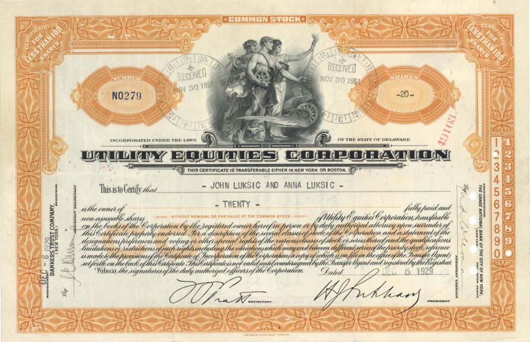 Utility Equities Corp. - 1929-1944 dated Stock Certificate