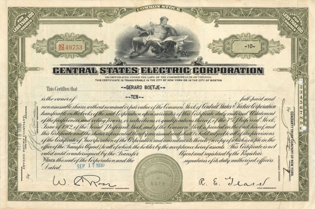 Central States Electric Corp Stock Certificate