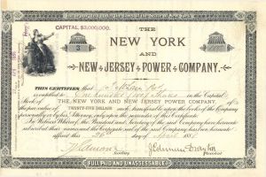 New York and New Jersey Power Co. - 1888 dated Stock Certificate