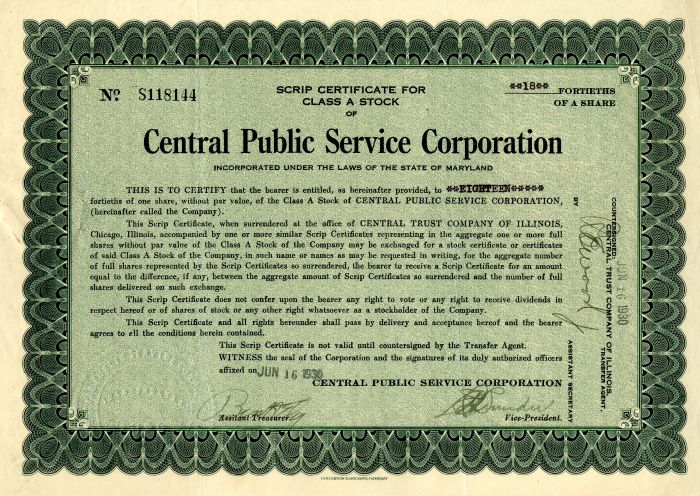 Central Public Service Corporation - Stock Certificate