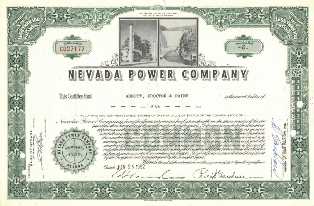 Nevada Power Co. - 1962 or 63 dated Energy Stock Certificate - Originally Consolidated Power and Telephone