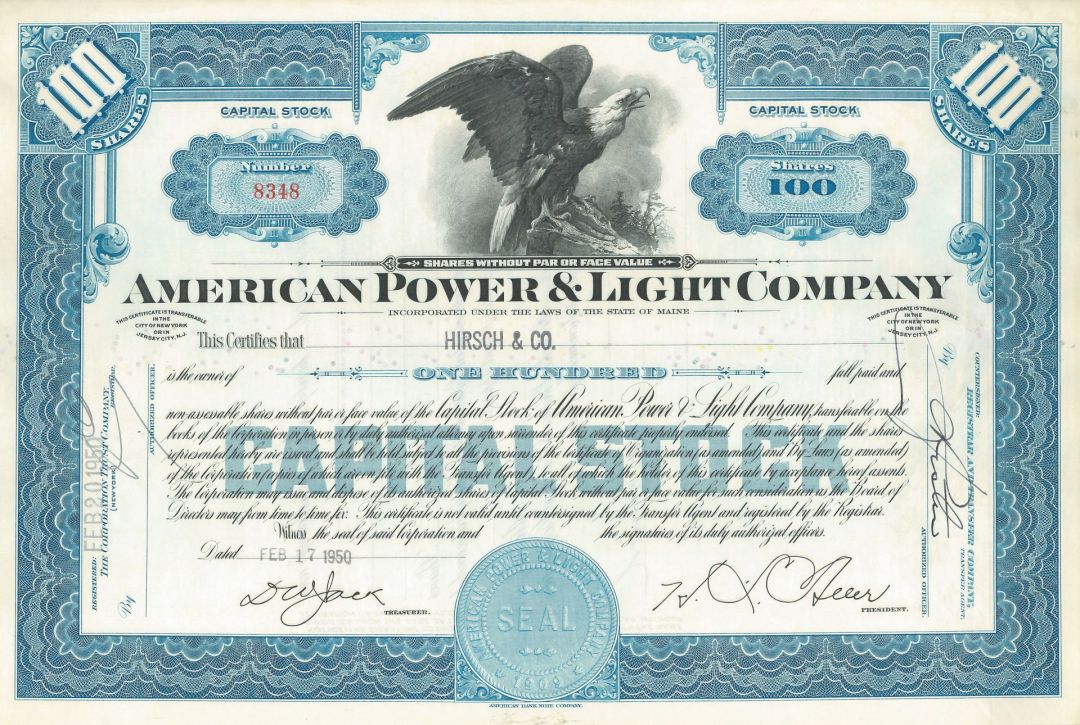 American Power and Light Co. - 1950-53 dated Utility Stock Certificate