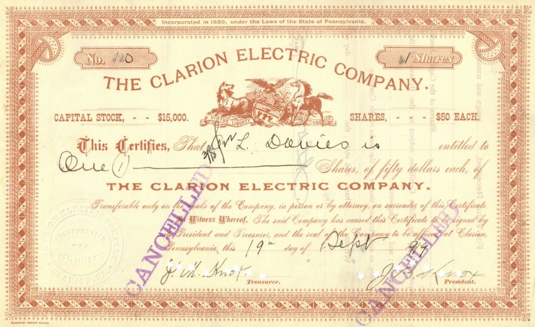 Clarion Electric Co. - 1898-1919 dated Pennsylvania Utilty Stock Certificate