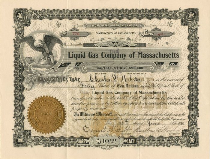 Liquid Gas Co. of Massachusetts - Stock Certificate