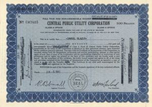 Central Public Utility Corporation - Stock Certificate