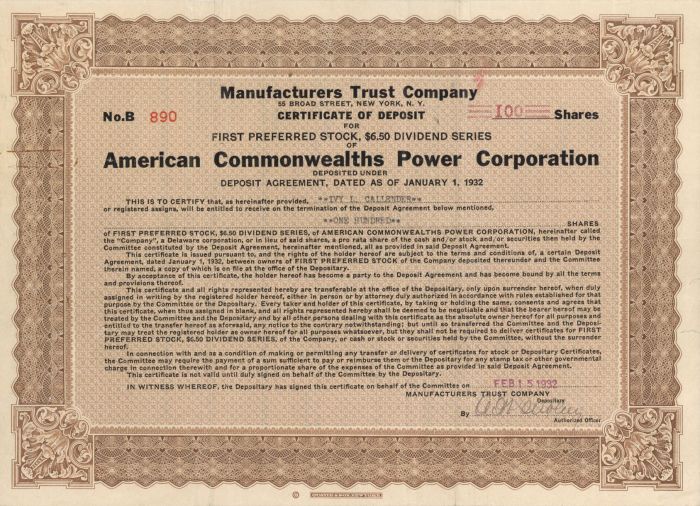 American Commonwealths Power Corporation - Stock Certificate