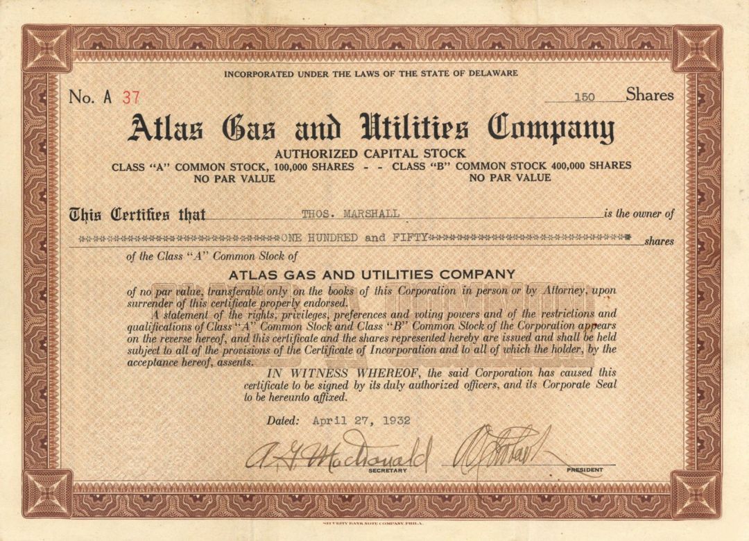 Atlas Gas and Utilities Co. - Stock Certificate