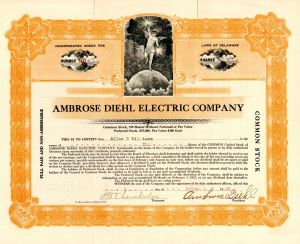 Ambrose Diehl Electric Co.  - 1924 dated Stock Certificate - Uniontown, Pennsylvania