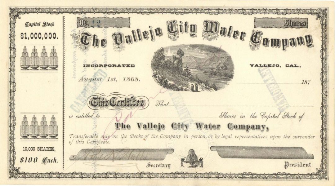 Vallejo City Water Co.  -  Unissued Stock Certificate