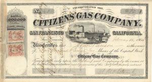 Citizens' Gas Co. - 1864 dated Stock Certificate