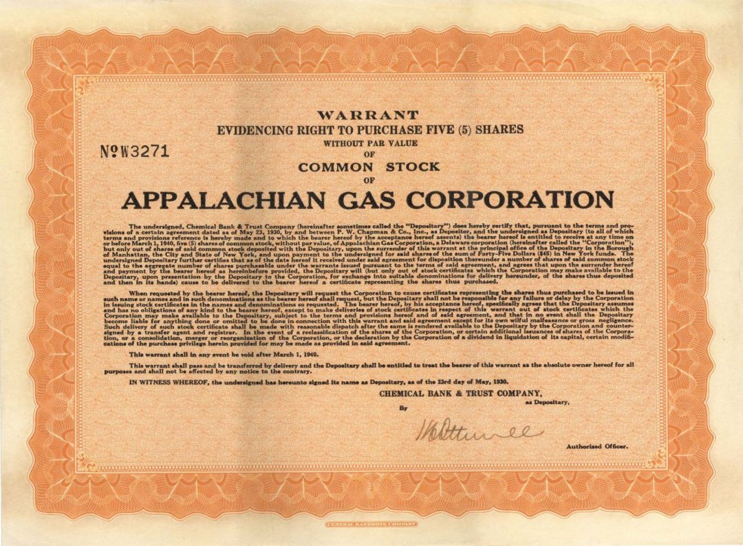 Appalachian Gas Corp. - 1940 dated Stock Certificate