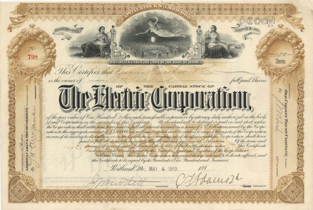 Electric Corp. - 1910 dated Stock Certificate