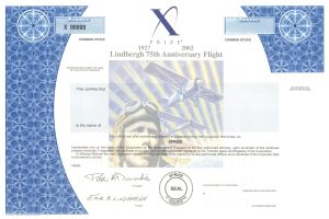 X Prize - Printed Signature of Erik R. Lindbergh, Grandson of Charles Lindbergh - 2002 dated Aviation Stock Certificate - Also Printed Signature of Peter H. Diamandis