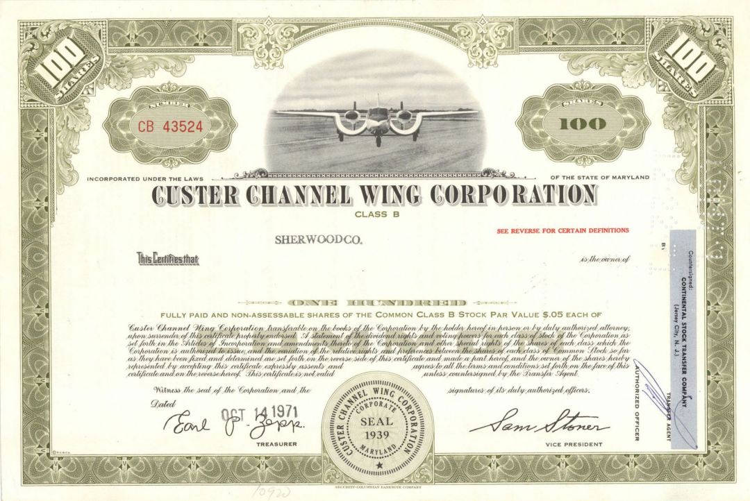 Custer Channel Wing Corp. - 1960-1971 Stock Certificate