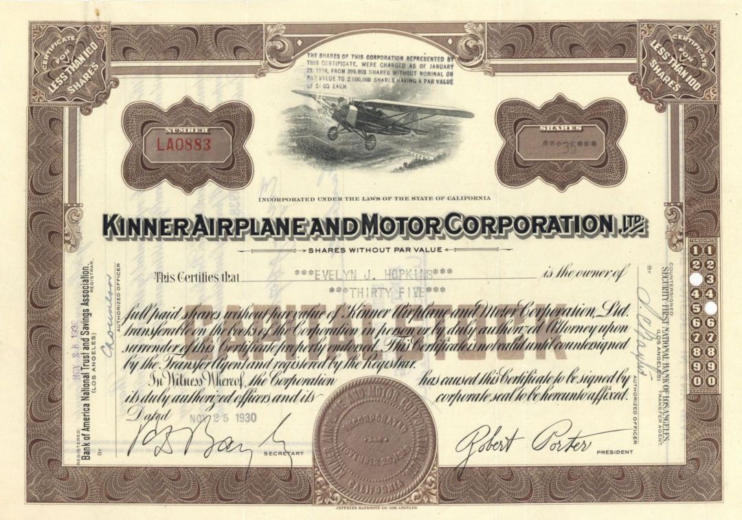 Kinner Airplane and Motor Corp. - 1930's dated Stock Certificate