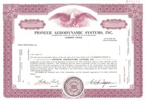 Pioneer Aerodynamic Systems, Inc. - Specimen Stock Certificate