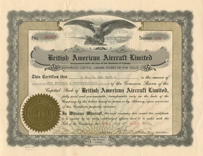 British American Aircraft Limited - 1931 dated Aviation Stock Certificate