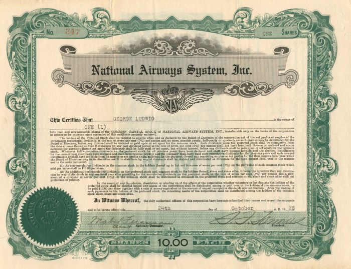 National Airways System, Inc. - 1928 dated Aviation Stock Certificate